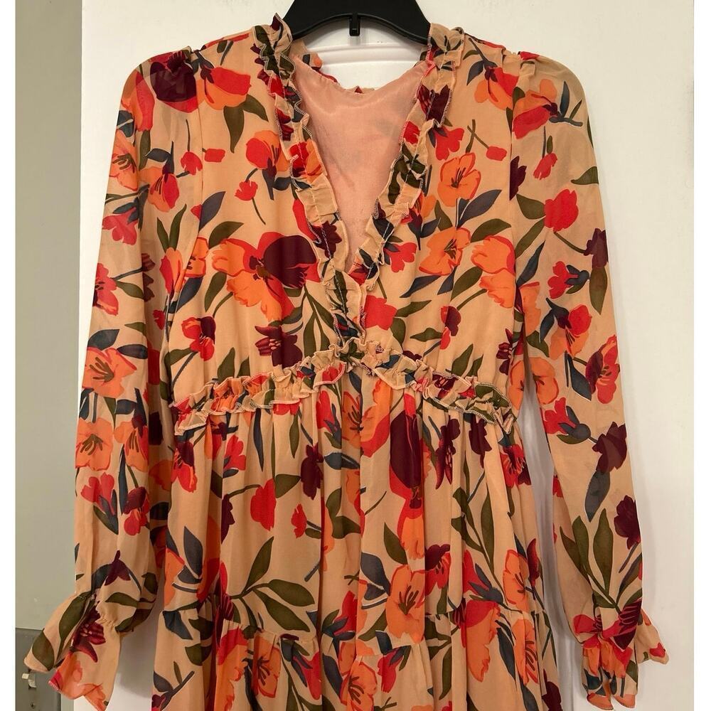 Peachy Pink Floral Empire Waist Ruffle Tiered Maxi Dress Boho Cottagecore Small - Picture 7 of 16